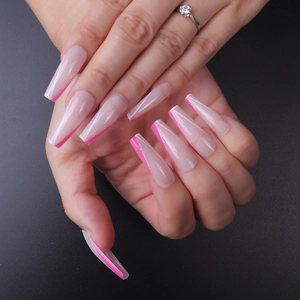 Long ballerina press-on nails with pink French tips and silver glitter accents