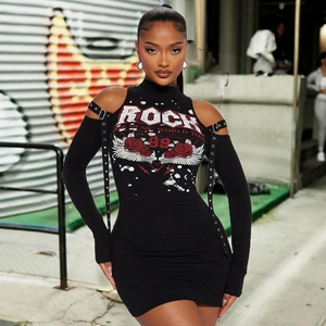 Cold Shoulder Mini Dress Ribbed Knit Long Sleeve Rock Graphic Print Buckle Detail Edgy Punk Streetwear