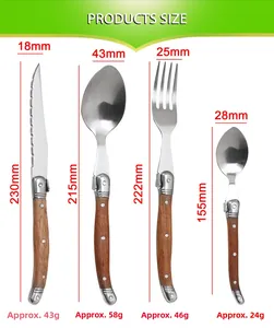 Detailed size guide for Laguiole style stainless steel cutlery with wood handles