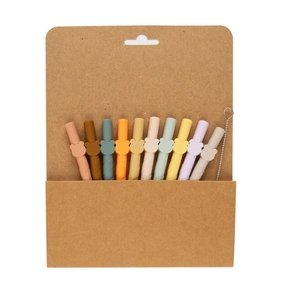 9-piece food grade silicone straw set with bear charms and cleaning brush in craft box