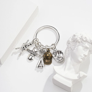 Creative metal baseball keychain with sports charms including bat, glove, and athlete