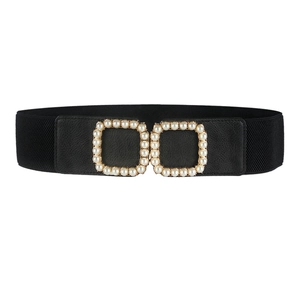 Chic black elastic waist belt with a golden square pearl buckle for women's dresses