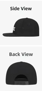 Detail of black hip-hop snapback hat showing laser-cut side vents and back strap
