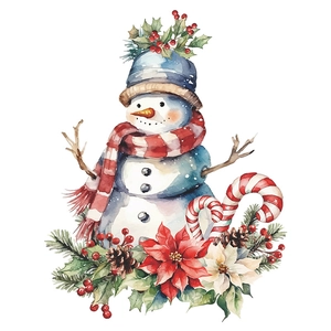 Detailed watercolor Christmas snowman sticker with red poinsettias and festive holly berries