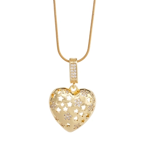 Elegant gold heart pendant necklace with star cutouts and sparkling cubic zirconia crystals