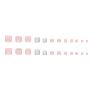 Faux ongles d'orteils French pailletés avec base rose, strass et éclats argentés