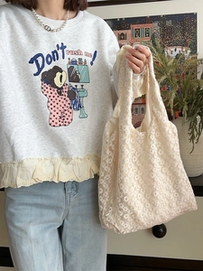 Women Lace Flower Embroidery Mesh Tote Bag Large Capacity Hollow Out Korean Style Summer Shoulder Handbag