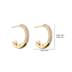 Golden C-shaped earrings with micro-pave cubic zirconia and three white pearls