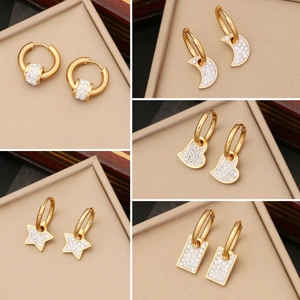 Stainless Steel Hoop Earrings With Full Rhinestone Star Moon Heart Charms Gold Plated Dainty Jewelry For Women