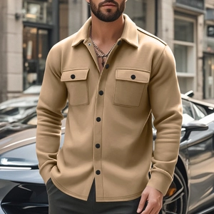 Slim fit khaki men's shirt jacket featuring double chest pockets and black button closure