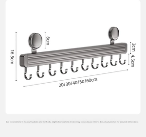 Detailed dimension guide for suction cup kitchen wall rail with adjustable length and hooks