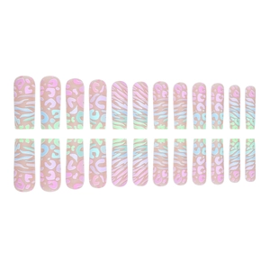 Faux ongles longs avec motifs léopard et zèbre colorés aux tons macaron pastels