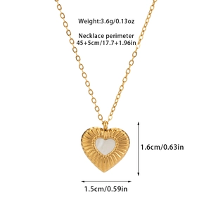 Detailed size specifications for gold plated heart pendant with shell inlay measurements