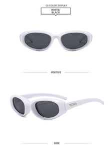 Detailed view of white oval Y2K sunglasses with metallic temple accents and dark lenses