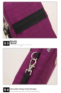 Detail of purple nylon phone bag showing elastic armband and detachable metal strap hooks