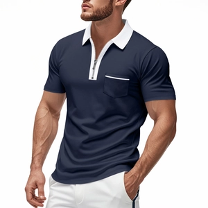Marineblaues Herren-Poloshirt mit weißem Kontrastkragen, Reißverschluss und Tasche