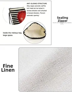 Detail of linen stripe makeup bag with red heart pattern and anti-slip alloy zipper