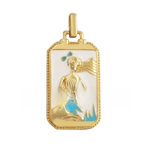 Detailed close-up of a rectangular tarot-inspired pendant with gold frame and white enamel