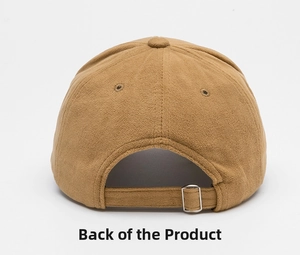 Rear view of khaki faux suede baseball cap with adjustable silver metal buckle strap