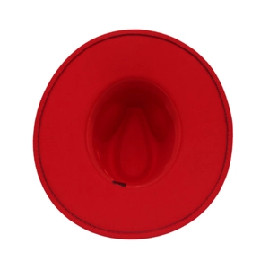 Top view of red felt fedora showing interior sweatband and black edge stitching detail