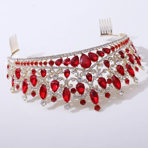 Baroque gold crown tiara with red and clear rhinestones and integrated hair combs