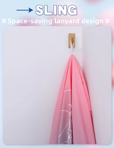Detail showing the pink hooded towel with a white sling design for easy hanging and storage