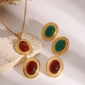 18k gold plated stainless steel jewelry set with oval red agate and green gemstones