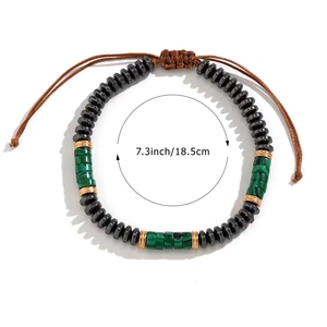 Detail shot showing 7.3 inch size measurements for handmade beaded hematite bracelet