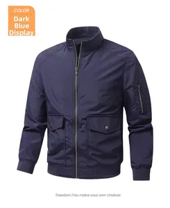 Detail of navy blue flight jacket featuring stand collar and ribbed cuffs