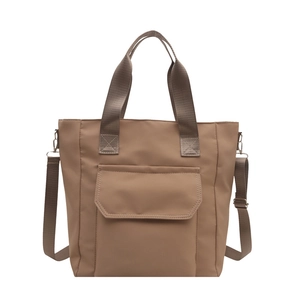 Khaki large capacity nylon tote bag with adjustable strap and front pocket