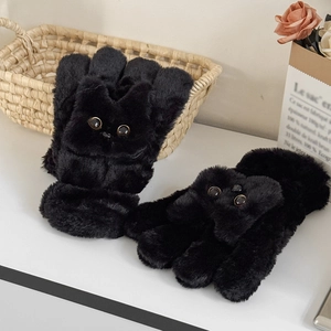 Black Cat Plush Gloves Winter Warm Windproof Faux Fur Cartoon Animal Design Hanging Rope Soft Thickened For Women Men