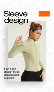 Détails de la veste de yoga vert menthe avec passe-pouces et coutures amincissantes
