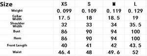 Detailed size chart for sleeveless vest and trousers set showing chest and length dimensions