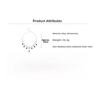 Detailed size chart for vintage crystal flower necklace showing 44cm length and 10cm tail