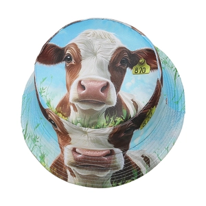 Detailed top view of bucket hat with realistic cow print and blue sky pattern