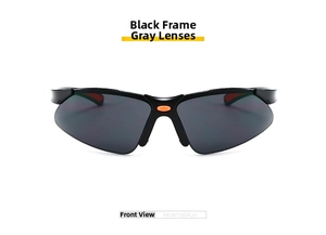 Front view of sporty cycling sunglasses with black frame, grey lens, and orange nose detail