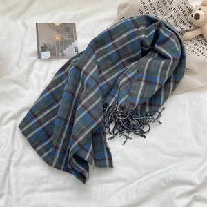 Winter plaid scarf with gray-blue fringe, soft windproof knit shawl for couples