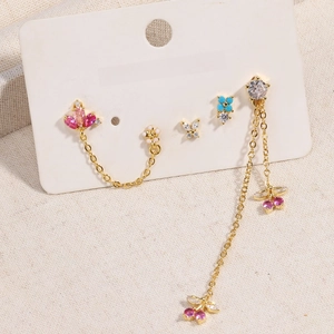Zircon Flower Butterfly Stud Earrings Long Tassel Dangle Jewelry For Women Elegant Sweet Brass Copper Ear Jewelry