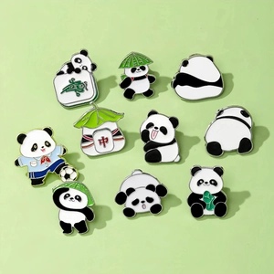 Set of 10 cute panda enamel pins with sporty and mahjong designs for clothing