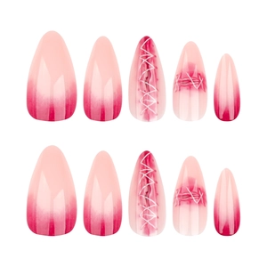 Halloween almond press-on nails with pink 3D gradient and gothic stitch design