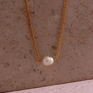 Chic stainless steel cuban chain necklace with a large white freshwater pearl pendant
