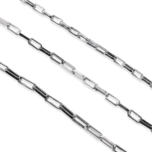 Three silver stainless steel long box chains with rectangular links for DIY jewelry making