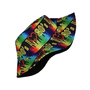 Retro 80s musical note bucket hat with colorful rainbow gradient and neon print