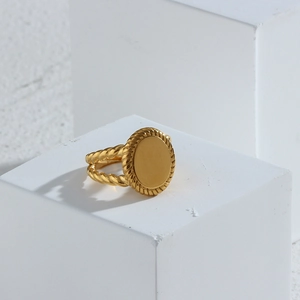 Detailed close-up of 18K gold plated oval signet ring with twisted rope band design