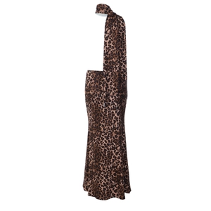 Detailed view of the leopard print satin maxi skirt with matching elegant neck scarf