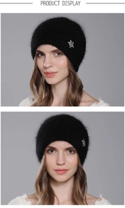 Detail of black angora knit beanie with crystal flower decor and fuzzy texture