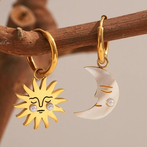 Asymmetric Sun And Moon Human Face Hoop Earrings Stainless Steel 18K Gold Plated Artificial Pearl Mother Of Artificial Pearl Celestial Women