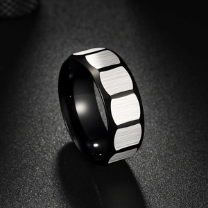 Polished black titanium steel ring with silver faceted brushed panels for men