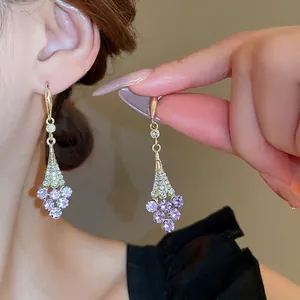 French style violet floral drop earrings with gold finish and sparkling zircons