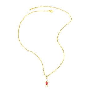 Gold chain necklace with girl pendant featuring red gemstone and pearl on white background